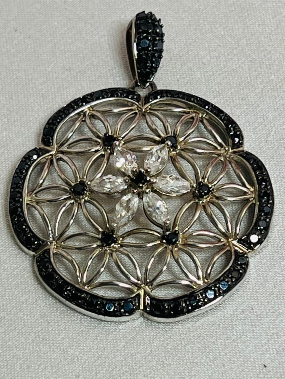 Ross-Simons Sterling Silver Flower of Life Mandala Pendant - Black & Clear CZ